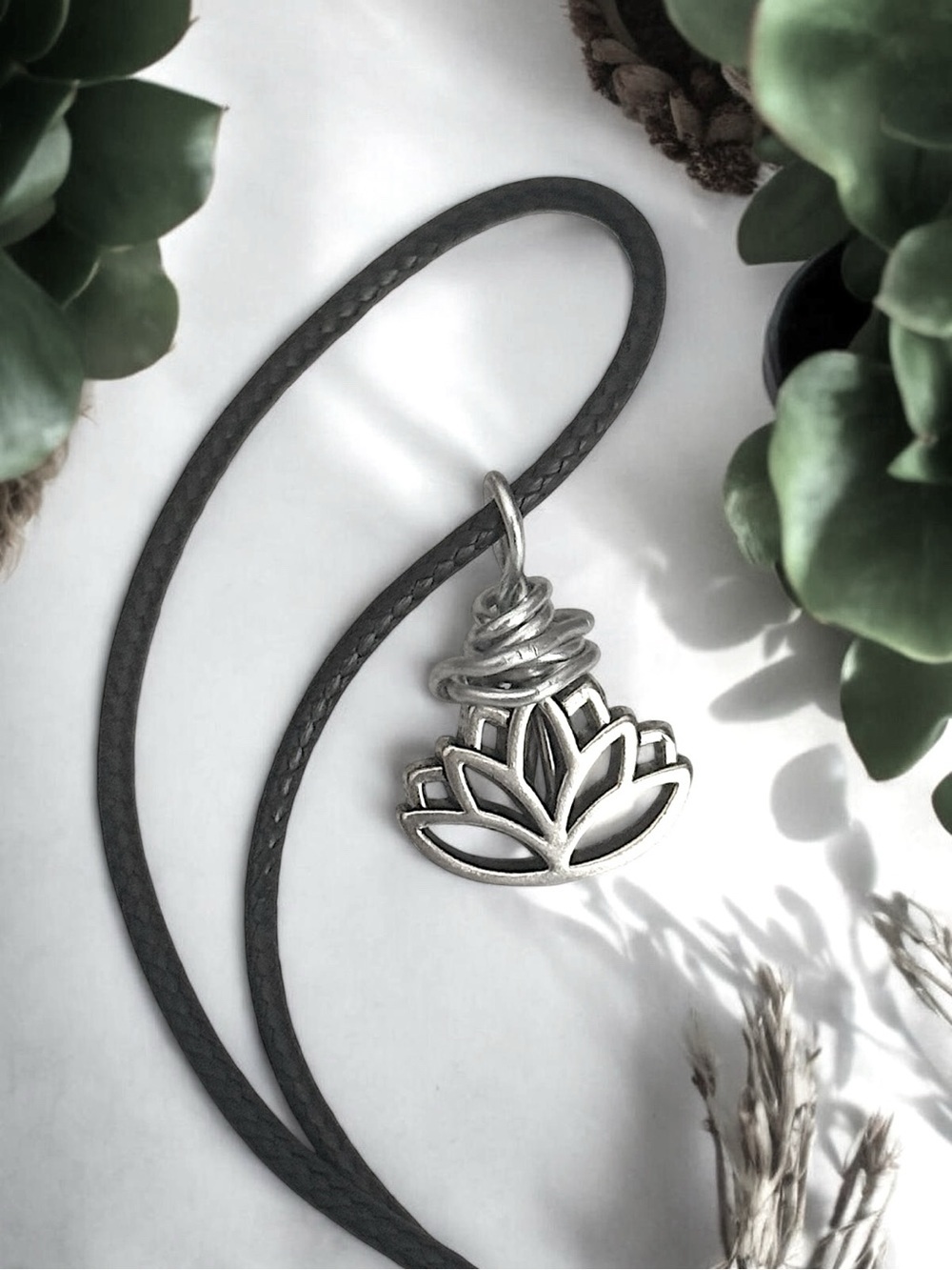 5 For $25💫Silver Lotus Pendant Necklace on a Black Cord